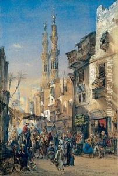 La Mosquee De Mounayed Sultan Et Rue Animee Au Caire Oil Painting - Louis Amable Crapelet