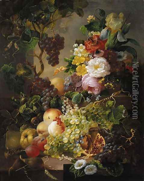 A still life with fruit and flowers amongst vines on a ledge Oil Painting - Jan Van Der Waarden