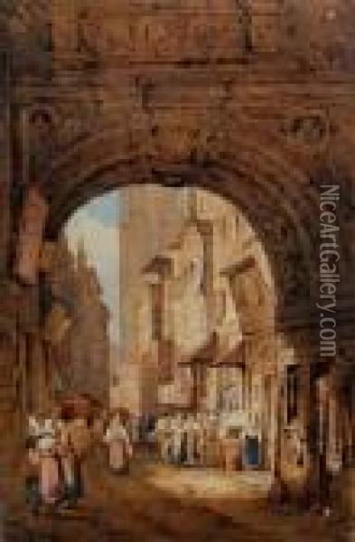 Figures In A Busy Northern European Street Scene Oil Painting - Samuel Prout