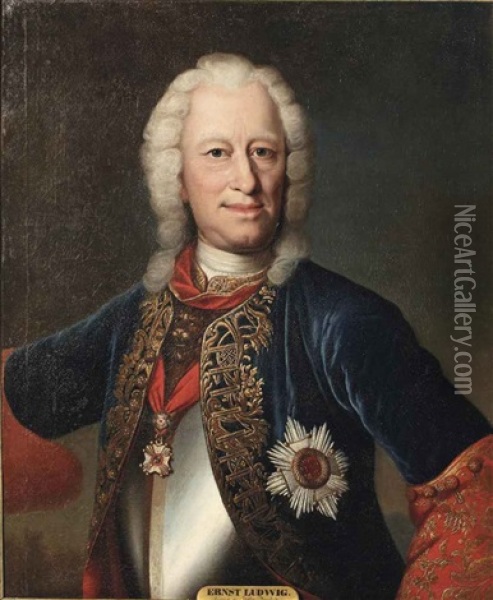 Portrait Of Ernst Ludwig, Landgrave Of Hesse-darmstadt (1667-1739), Half-length, In A Curas With A Blue And Red Coat With Gold Trimmings Oil Painting - Johann Christian Fiedler