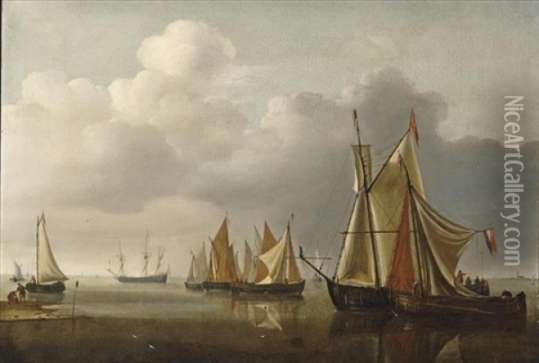 Ships On A Calm Sea Near The Coast Oil Painting - Hendrik Jacobsz Dubbels