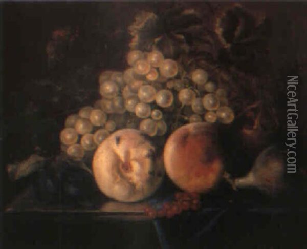 Fruit On A Draped Table Oil Painting - Cornelis De Heem