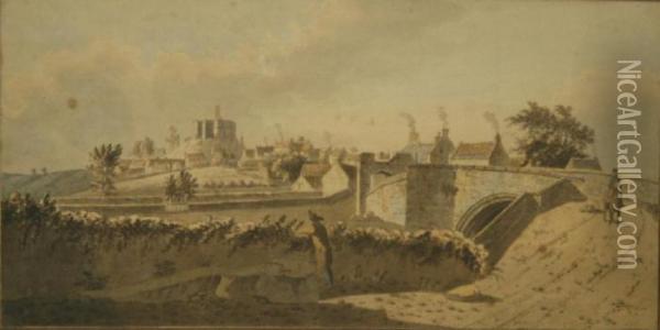 Warkworth - A View Of The Bridge With Castle Beyond Oil Painting - Nicholson, F.