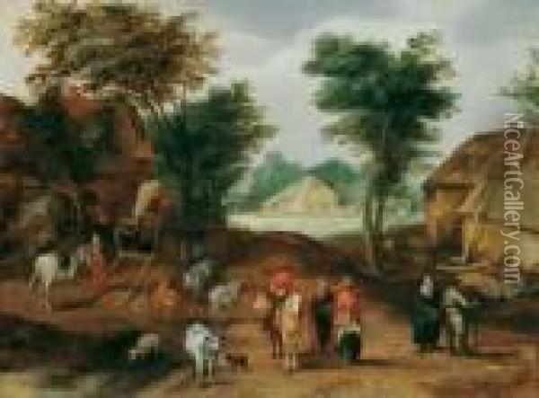 D.j. , Umkreis Dorfstrasse Mit 
Figuren- Und Viehstaffage. Verso Alt Bezeichnet: Beschey. Ol Auf Holz. H
 25; B 33,5 Cm Oil Painting - Jan Brueghel the Younger