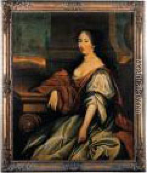 Portrait Of A Lady Seated 
Three-quarter Length, In A White Dressand A Brown Wrap, Before A Pillar A
 Landscape Beyond Oil Painting - John Greenhill