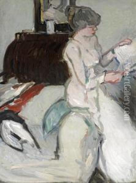 Interior With Girl In White Oil Painting - Samuel John Peploe