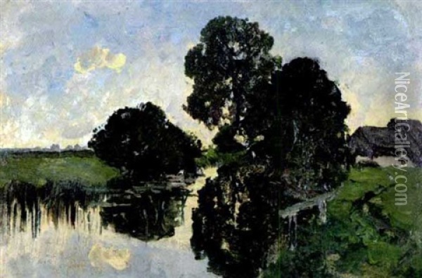 Baumgesaumter Fluslauf In Licht Der Abendsonne Oil Painting - Jules Ernest Renoux