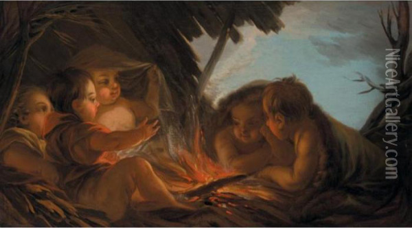 An Allegory Of Winter: Putti Gathered Around An Open Fire Oil Painting - Carle van Loo