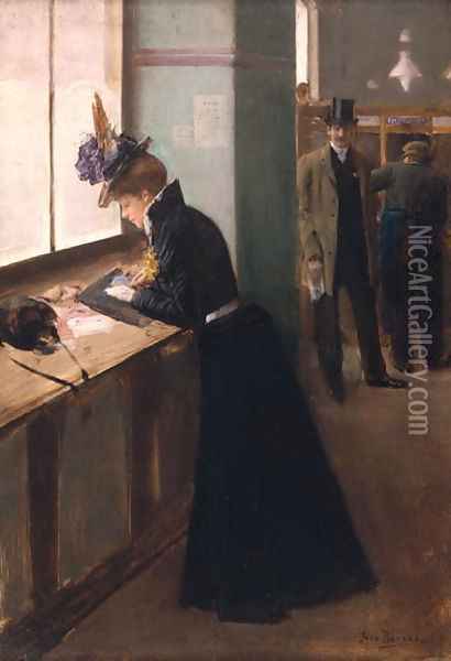 At the Telegraph Oil Painting - Jean-Georges Beraud