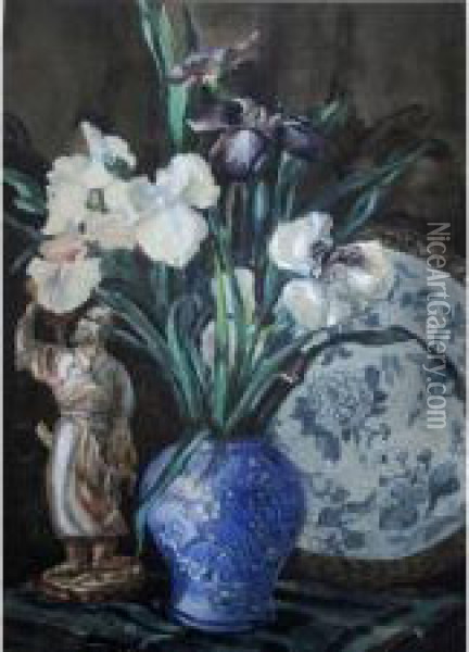 A Vase Of Irises With A Chinese Plate And Figurine Oil Painting - Winifred Walker