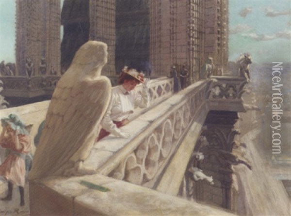 Admirer La Vue De La Notre Dame, Paris Oil Painting - Georges Redon