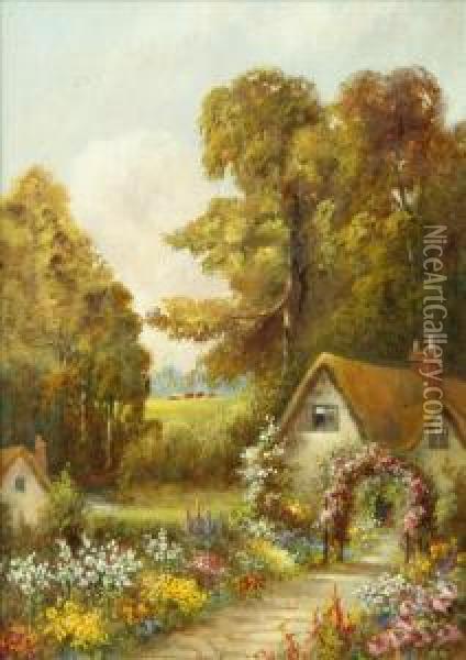 Cottage And Garden In A Wooded Landscape Oil Painting - J. Lewis