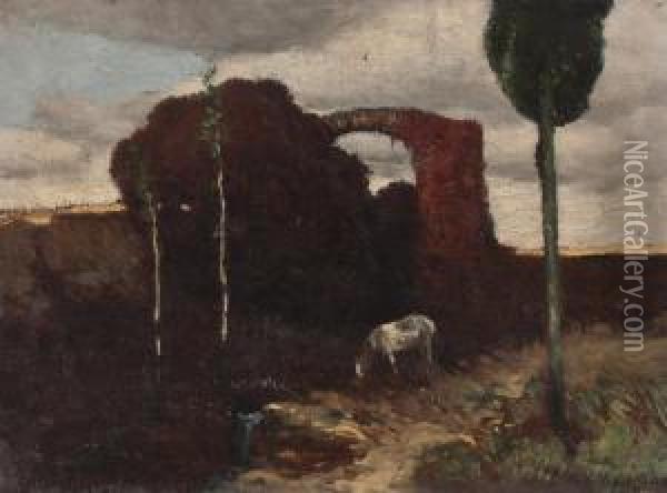 Grasendes Pferd Vor Ruine Oil Painting - Hermann Urban