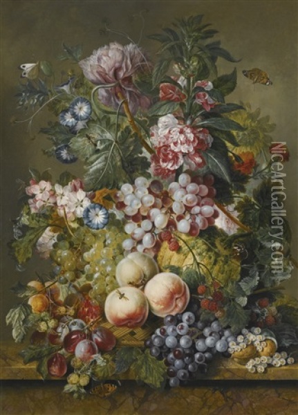 A Still Life Of Fruit And Flowers, Including Peaches, Grapes, Plums, Currants, Melon And Peonies, Convolvuli And Blossom All In A Basket On A Marble Ledge Oil Painting - Jacobus Linthorst