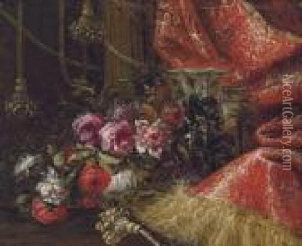 Roses In A China Bowl With Other
 China Vessels On A Table, Drapedwith A Red Curtain With Gold Embroidery
 And Tassels Oil Painting - Jean-Baptiste Monnoyer