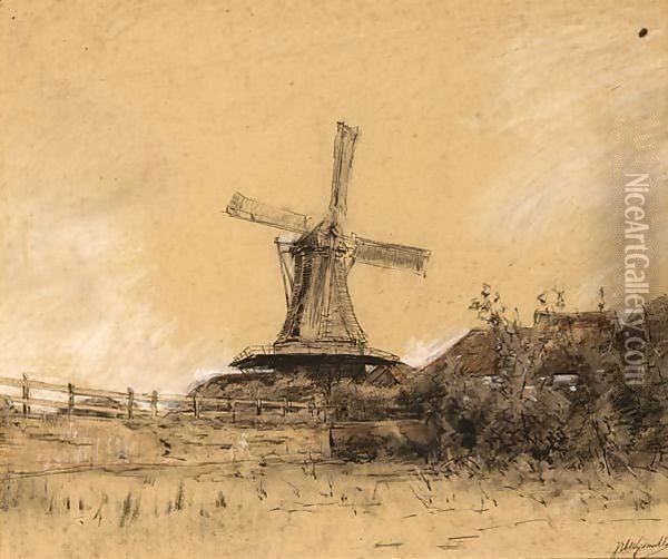 A View Of A Farm And Windmill Oil Painting - Jan Hillebrand Wijsmuller