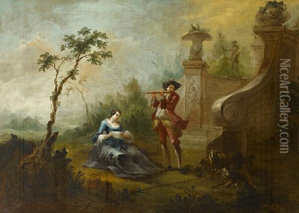 Figures Beside Ruins In A Landscape Oil Painting - Jacques de Lajoue