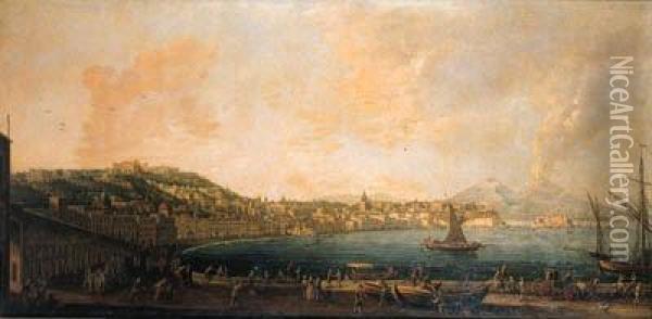 Naples And The Riviera Di Chiaia
 From The Convento Di Sant'antoniowith The Castel Sant' Elmo And The 
Convento Di San Martino, Mountvesuvius In The Distance Oil Painting - Pietro Antoniani