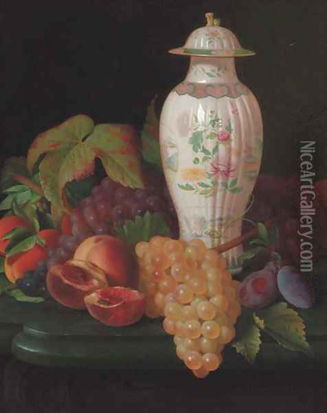 A famille rose vase with grapes Oil Painting - Antione Henault