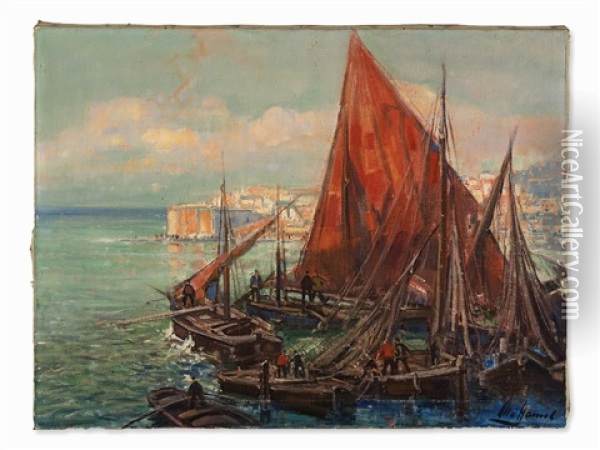 Ships In The Harbor Oil Painting - Otto Hammel