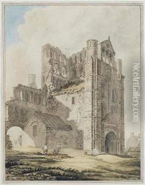Gravediggers Outside The Ruins Of An Old Abbey Oil Painting - Henry Edridge