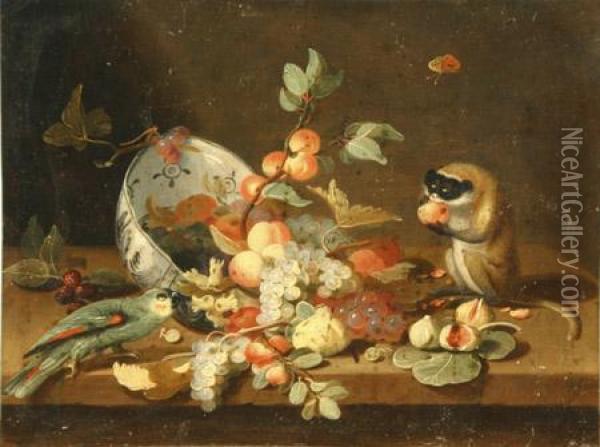 Still Life Of Fruit Spilling From A Bowl With A Parrot Andmonkey Oil Painting - Jan van Kessel