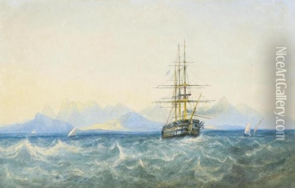 A British Two-decker Under Steam In The Black Sea Oil Painting - Andrew Nicholl