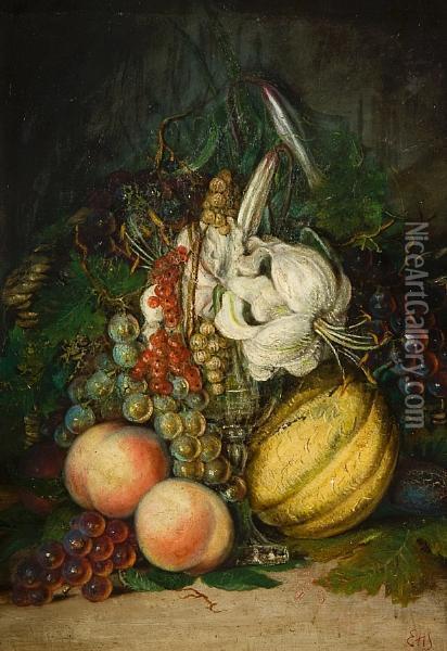 Still Life Of Melon, Peaches, Plums, Grapesand White Flower Oil Painting - Eloise Harriet Stannard
