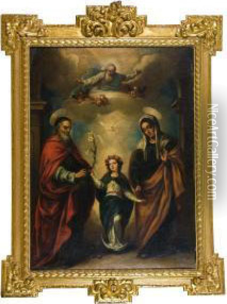 La Virgen Con San Joaquin Y Santa Ana Oil Painting - Jose Risueno