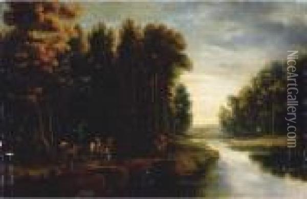 A Wooded River Landscape With Soldiers And Travellers On A Path Oil Painting - Jaques D'Arthois