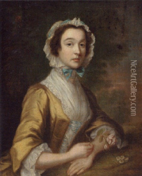 Portrait Of A Lady In A Yellow Dress And Blue-ribboned Lace Bonnet Holding A Rose In A Landscape Oil Painting - Joseph Highmore