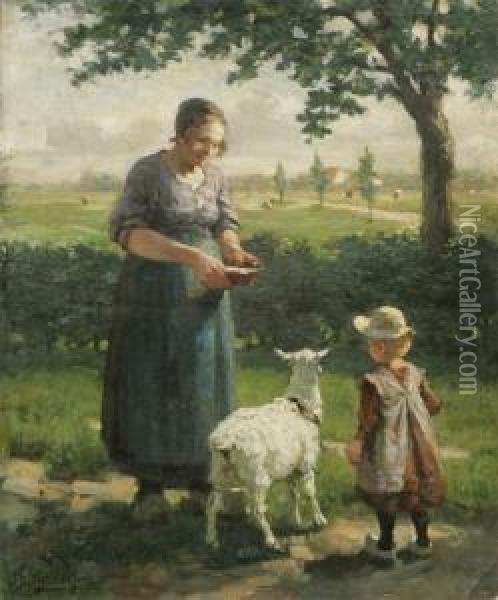 Kvinna Med Barn Och Lamm Oil Painting - Jacobus Frederick Sterre De Jong
