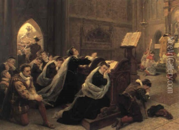 Mary Queen Of Scots Hearing Her First Mass After Returning  To Scotland Oil Painting - Emanuel Leutze