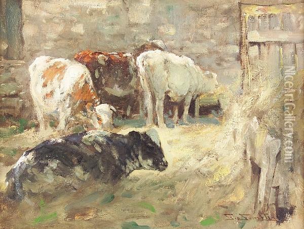 Calves In A Byre Oil Painting - George Smith