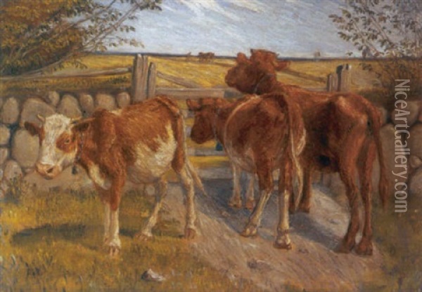 Kalve Ved Et Stengaerde, I Baggrunden Bonde Der Plojer Oil Painting - Theodor Philipsen
