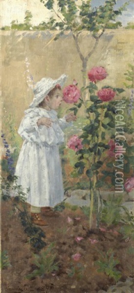 Bimba Tra Le Rose Oil Painting - Niccolo Cannicci