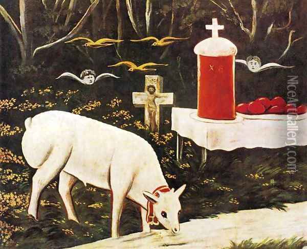 Lamb and Easter Table with Flying Angels Oil Painting - Niko Pirosmanashvili