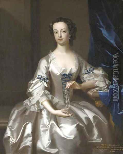 Portrait of Mary Rand, half-length, seated, in an oyster-satin dress with blue ribbons, holding a string of pearls Oil Painting - Enoch Seeman