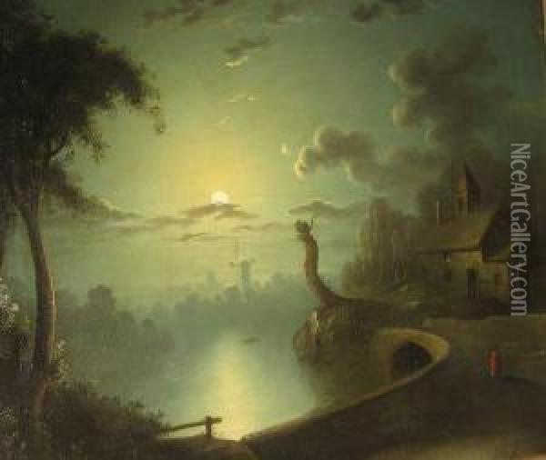 Windmill And Cottages In Moonlight Oil Painting - Henry Pether