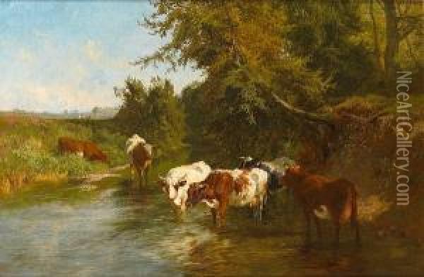 Cattle Watering Oil Painting - Charles Collins