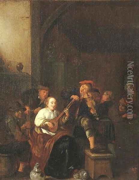 A tavern interior with a woman playing the lute, a man playing the fiddle, and boors drinking and smoking Oil Painting - Jan Miense Molenaer