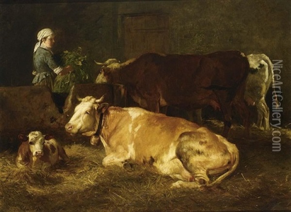 Feeding The Cows Oil Painting - Carl Roux