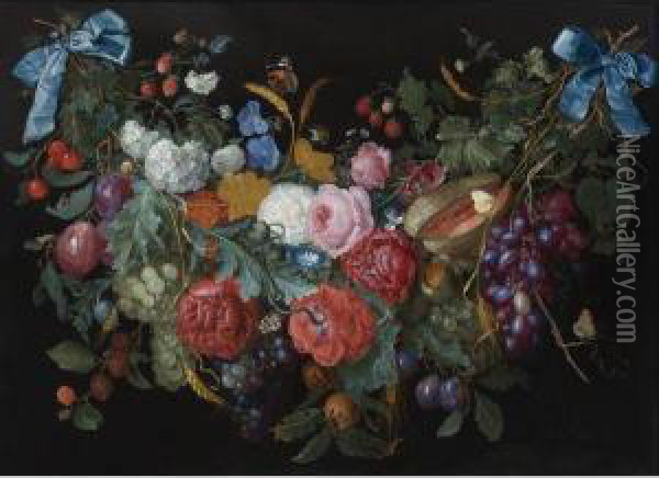 A Garland Of Flowers And Fruit Bound Together At The Ends With Blueribbon And Hanging From Two Nails. Oil Painting - Jacob van Walscapelle