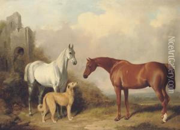 Two Hunters And A Deerhound, In A Landscape With Ruins Oil Painting - William Barraud