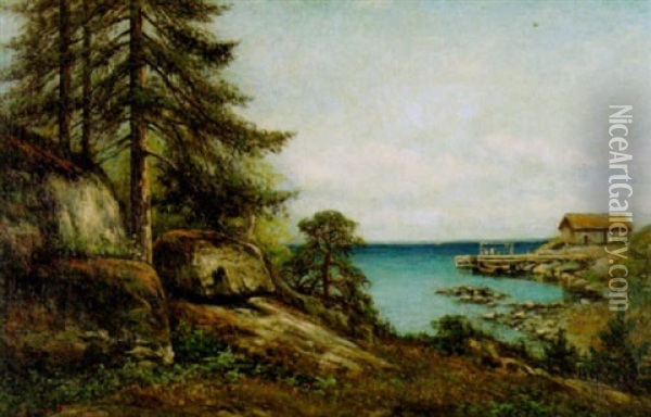 Strandlandskap Med Brygga Och Sjobod, Sommarmotiv Fran Halland Oil Painting - Johan Severin Nilsson