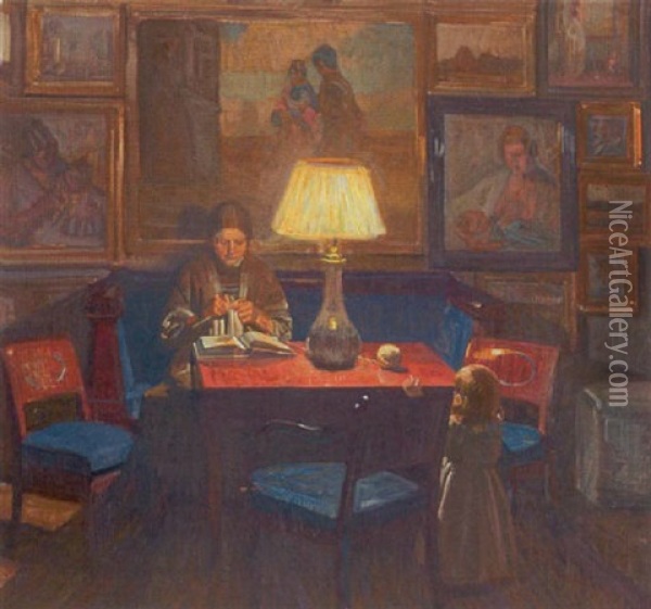 Interior Med Moder Og Barn Omkring Stuebordet Oil Painting - Knud Sinding