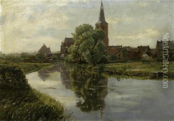 Flusslandschaft Mit Kirche Oil Painting - Eduard Spoerer