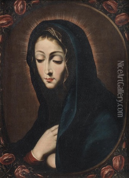Mater Dolorosa Within A Painted Oval Oil Painting - Luis Tristan De Escamilla