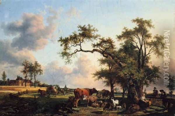 A Landscape With A Shepherdess Playing With A Child At The Edge Of A Paddock, A Chateau Beyond Oil Painting - Jean-Louis Demarne