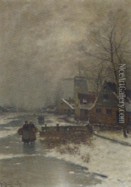 Walking Home In Winter Oil Painting - Johann Jungblut